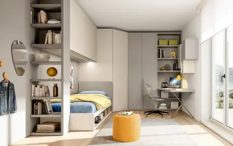 Camerette con cabina armadio, letto singolo, scrivania e libreria. Arredamento moderno e funzionale per ragazzi.