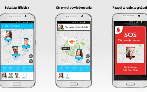 Aplikacja do lokalizowania telefonu i bliskich. Pokazuje pozycje dzieci na mapie, powiadomienia o wyjściu ze strefy i funkcję SOS.