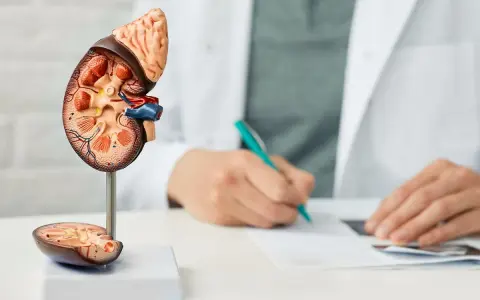 Model nerki z widocznym przekrojem, obok lekarz notuje diagnozę, być może dotyczącą torbieli korowej.