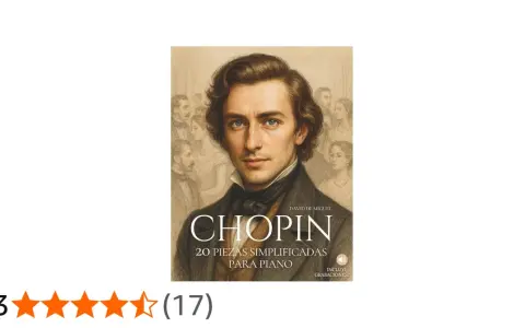 Portada de libro "Chopin: 20 piezas simplificadas para piano", con retrato del compositor y fondo de figuras de época. Incluye valoraciones.