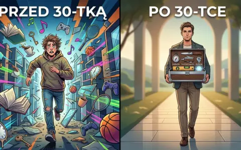 Przed 30. rokiem życia chaos, po 30. zmiana zawodu i dojrzałość. Mężczyzna z walizką narzędzi symbolizuje rozwój.