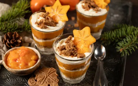 Schichtdessert mit Kaki, Sahne und Keksbröseln, garniert mit Sternfrucht. Ein festliches Kaki-Dessert.