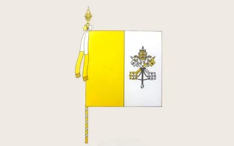 Flaga biało żółta z kluczami św. Piotra i tiarą papieską. Symbol Watykanu.