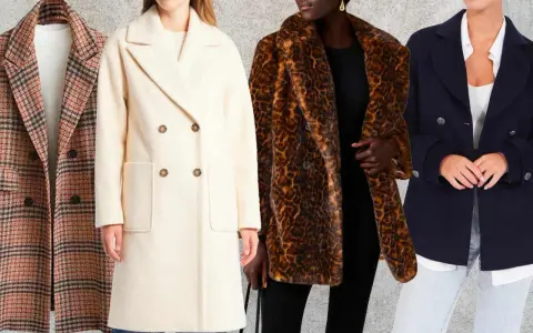 Four women model different peacoat styles: plaid, cream wool, leopard print faux fur, and navy blue.