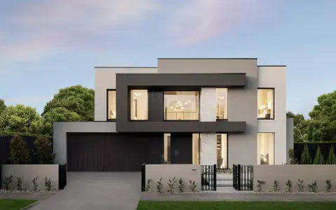 Modernas fachadas exteriores de casas con líneas limpias, grandes ventanales y detalles en mármol. Un diseño elegante y contemporáneo.