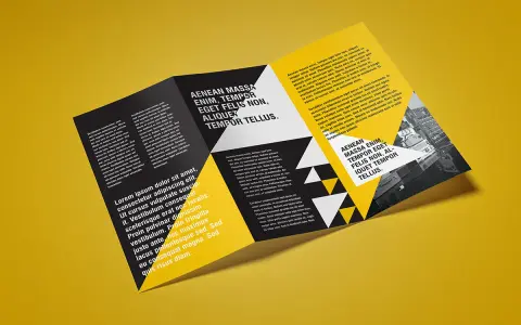 Ulotka mockup z tekstem i geometrycznymi wzorami. Projekt graficzny na żółtym tle.