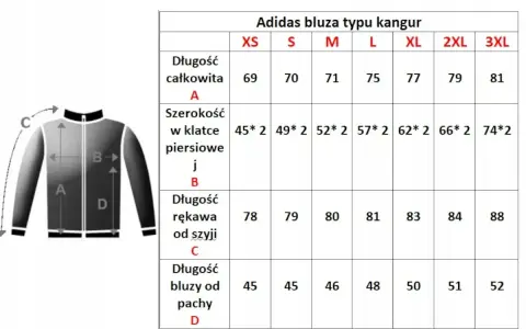 Tabela rozmiarów bluzy Adidas kangur. Rozmiar 56 męski odpowiada XL, gdzie szerokość w klatce to 62*2, a długość rękawa od szyi 83.