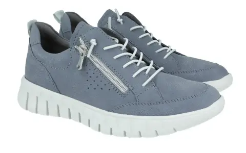 Szare sneakersy damskie z zamkiem błyskawicznym i białymi sznurówkami na grubej podeszwie.