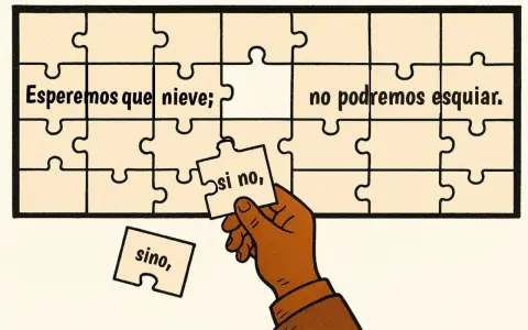 Un rompecabezas con la frase "Esperemos que nieve; no podremos esquiar". Una mano sostiene la pieza "si no,".