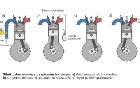 Cykl pracy silnika: tłok w cylindrze zasysa, spręża, spala mieszankę i wyrzuca spaliny.
