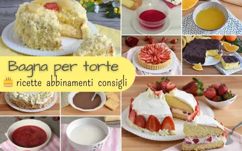 Collage di torte e ingredienti per bagna per pan di spagna: torte decorate, fragole, arance, gelatina, creme e sciroppi.