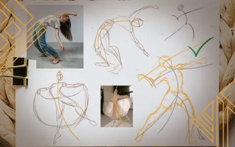 Étude de mouvement pour un lexique dessin : croquis de danseurs inspirés de photos, capturant la fluidité des poses.