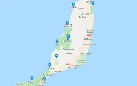 Mapa Fuerteventury z zaznaczonymi punktami: Corralejo, El Cotillo, Ajuy, Betancuria, Cofete, Morro Jable. Zobacz, co warto zobaczyć na wyspie!