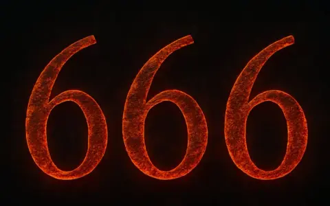 Trzy płonące cyfry 666, symbolizujące tajemnicze znaczenie liczby 666.