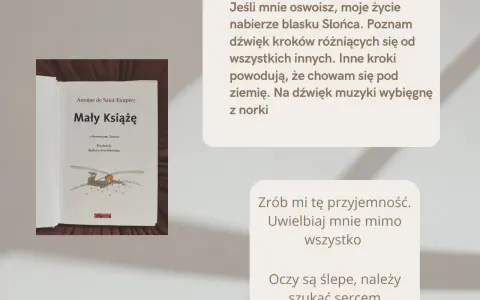 Okładka książki "Mały Książę" z cytatami z powieści.