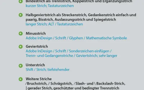 Liste verschiedener Striche: Bindestrich, Halbgeviertstrich (langer Strich), Minusstrich, Geviertstrich, Unterstrich und weitere Striche wie Bruchstrich.