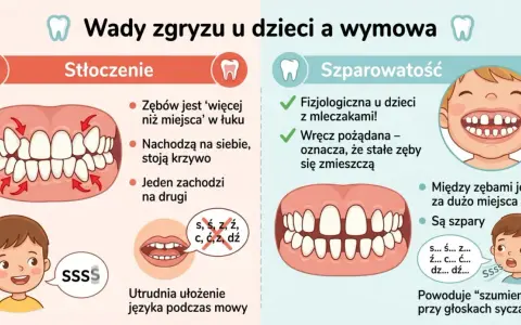 Stłoczenie zębów i szparowatość mogą leczyć wady wymowy. Ilustracja pokazuje problemy z zębami i ich wpływ na mowę.