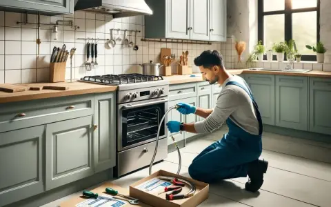 Instalator w niebieskim kombinezonie pokazuje, jak podłączyć kuchenkę gazową, trzymając w rękach wąż i złączki.