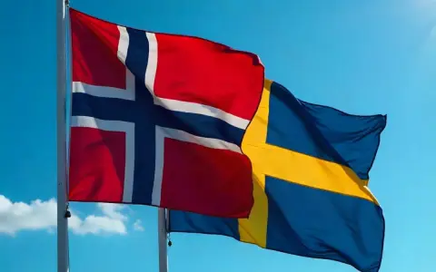 Flaga Norwegii i Szwecji powiewają na tle błękitnego nieba.