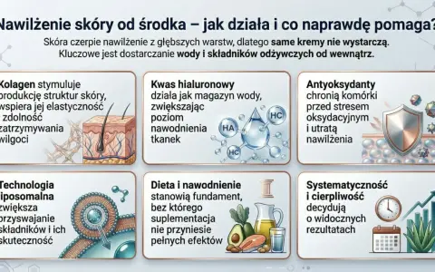 NMF co to? Grafika wyjaśnia nawilżenie skóry od środka: kolagen, kwas hialuronowy, antyoksydanty, technologia liposomalna, dieta i systematyczność.