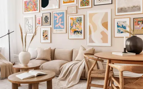 Un salón moderno con un sofá beige y una colección de cuadros para encima del sofá, llenos de color y formas abstractas.