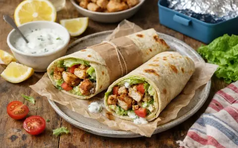 Deux wraps poulet savoureux, garnis de poulet croustillant, salade et tomates, prêts à être dégustés. Une recette wrap poulet facile et rapide.