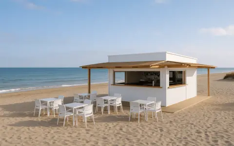 Un chiringuito moderno en la playa, listo para servir. Mesas y sillas blancas esperan a los clientes.