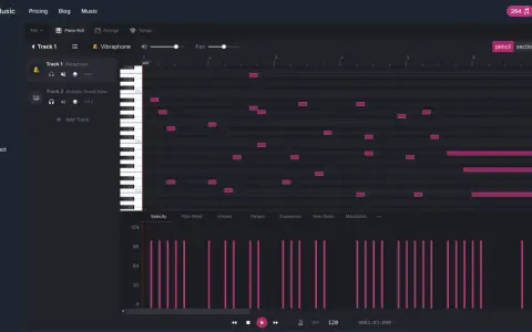 Program do tworzenia muzyki, gdzie widać sekwencję nut na wibrafonie i pianinie. Ten melody maker pozwala na komponowanie utworów.