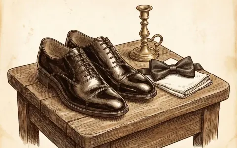A pair of polished black cap-toe oxfords, the perfect shoes to wear with a tuxedo, sit on a wooden table next to a bowtie, handkerchief, and candlestick.