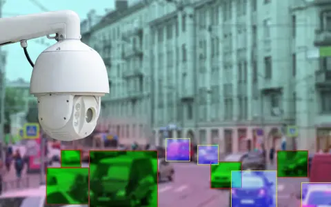 Kamera monitoringu miejskiego rejestruje ruch uliczny. Kolorowe ramki wskazują wykryte obiekty, potencjalnie do wystawienia mandatu z monitoringu miejskiego.