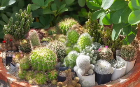 Un surtido de cactus con flores rosadas y rojas, en macetas individuales dentro de una maceta grande de terracota.