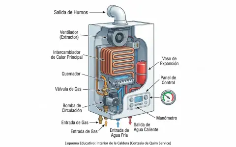 Diagrama de una caldera mostrando sus componentes internos. Se ve el intercambiador de calor, quemador y ventilador. ¡Ojalá la caldera haga ruido de agua pronto!