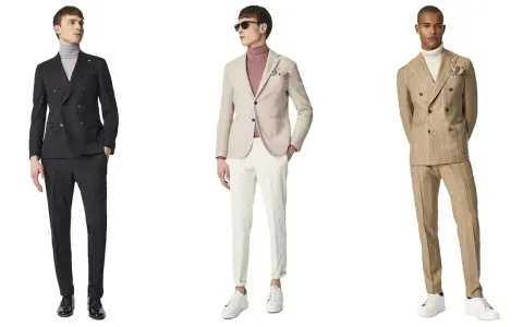 Tre uomini indossano un spezzato vestito: uno in nero, uno beige con fantasia, uno gessato.