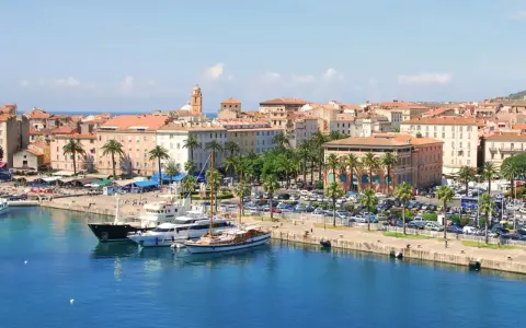Malowniczy port na wyspie z Ajaccio, z luksusowymi jachtami i palmami, w tle kolorowe kamienice i wieża kościelna.