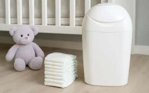Biały kosz na pampersy Angelcare obok stosu pieluch i pluszowego misia, gotowy do utrzymania czystości w pokoju dziecka.