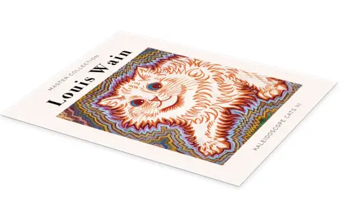 Un chat blanc aux yeux bleus, dans le style psychédélique des louis wain cats, entouré d'un motif kaléidoscopique.