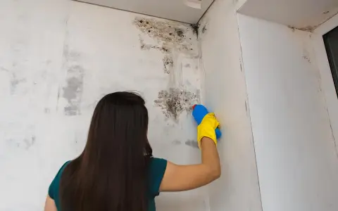Mujer con guantes amarillos limpiando moho de la pared con un spray.