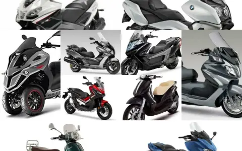 Varietà di scooter per viaggiare, dai modelli a tre ruote ai classici scooter, in diverse colorazioni e design.