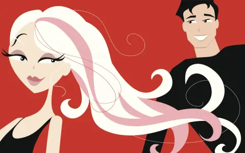 Ilustracja stylizowana: kobieta z blond włosami i mężczyzna z czarnymi włosami na czerwonym tle.
