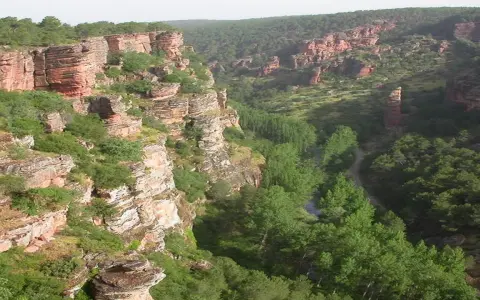 Impresionante cañón con formaciones rocosas rojizas y vegetación frondosa, típico de las áreas protegidas de Castilla-La Mancha.