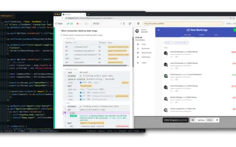 Testy aplikacji "Real World App" pokazują **cypress real events** w kodzie i interfejsie, filtrując transakcje po dacie i kwocie.