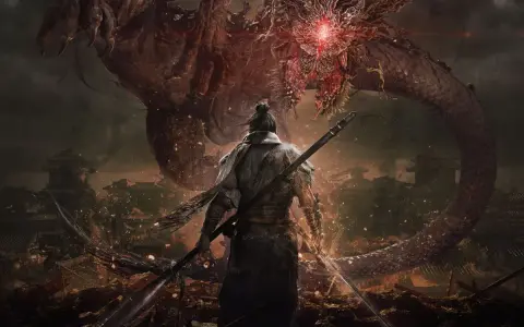 Guerrero se enfrenta a un **wo long** gigante con ojos rojos. Ruinas humeantes y edificios antiguos al fondo.