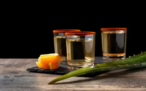 Trzy kieliszki z tequila i mezcal, ozdobione solą chili, obok pomarańczy i liścia agawy.