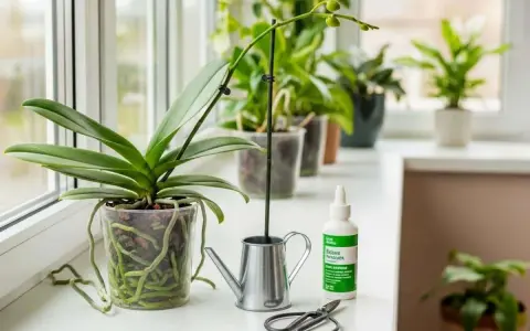 Orchidée en pot transparent avec racines aériennes, arrosoir miniature, ciseaux et engrais. Guide pour savoir comment faire refleurir une orchidée.