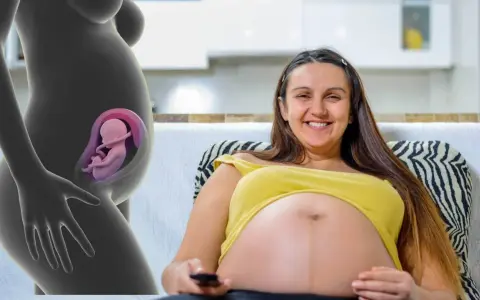 En gravid kvinna ler och håller i fjärrkontrollen. Bredvid syns en illustration av en bebis position i magen.