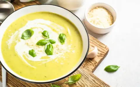 Aksamitny zupa krem z cukinii, udekorowana listkami bazylii i startym parmezanem, podana z czosnkiem i łyżką.