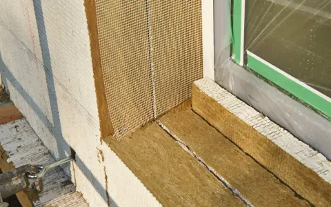 Fensterlaibung wird mit Steinwolle gedämmt. Das Material wird sorgfältig zugeschnitten und mit Armierungsgewebe versehen, um es vor dem Kleben vorzubereiten.
