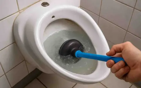 Hand uses a plunger to clear a toilet bowl, tackling stubborn Urinstein im Rohr entfernen.