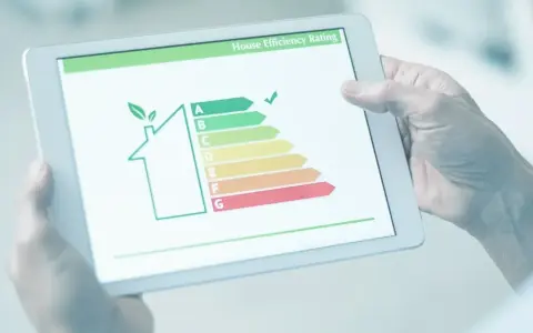 Persona revisa en tablet la validez del certificado energético de una casa, mostrando una escala de eficiencia.