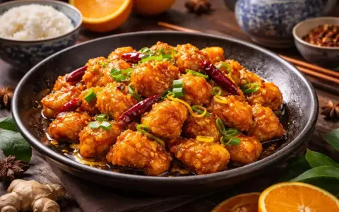 En skål med krispig, glaserad orange chicken, toppad med chili och salladslök. Serveras med ris och apelsinskivor.